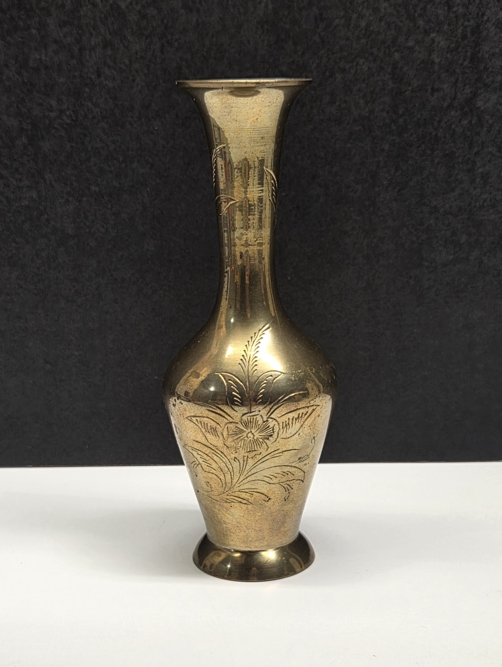 Brass Etched Floral Bud Vase Made in India Antique Decor 6" Vintage Boho